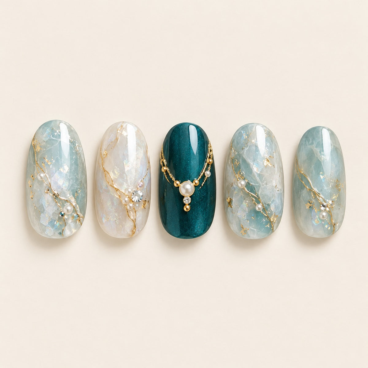 Teal & Gold 01 press-on nails
