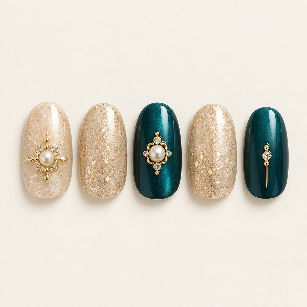 Teal & Gold 02 press-on nails