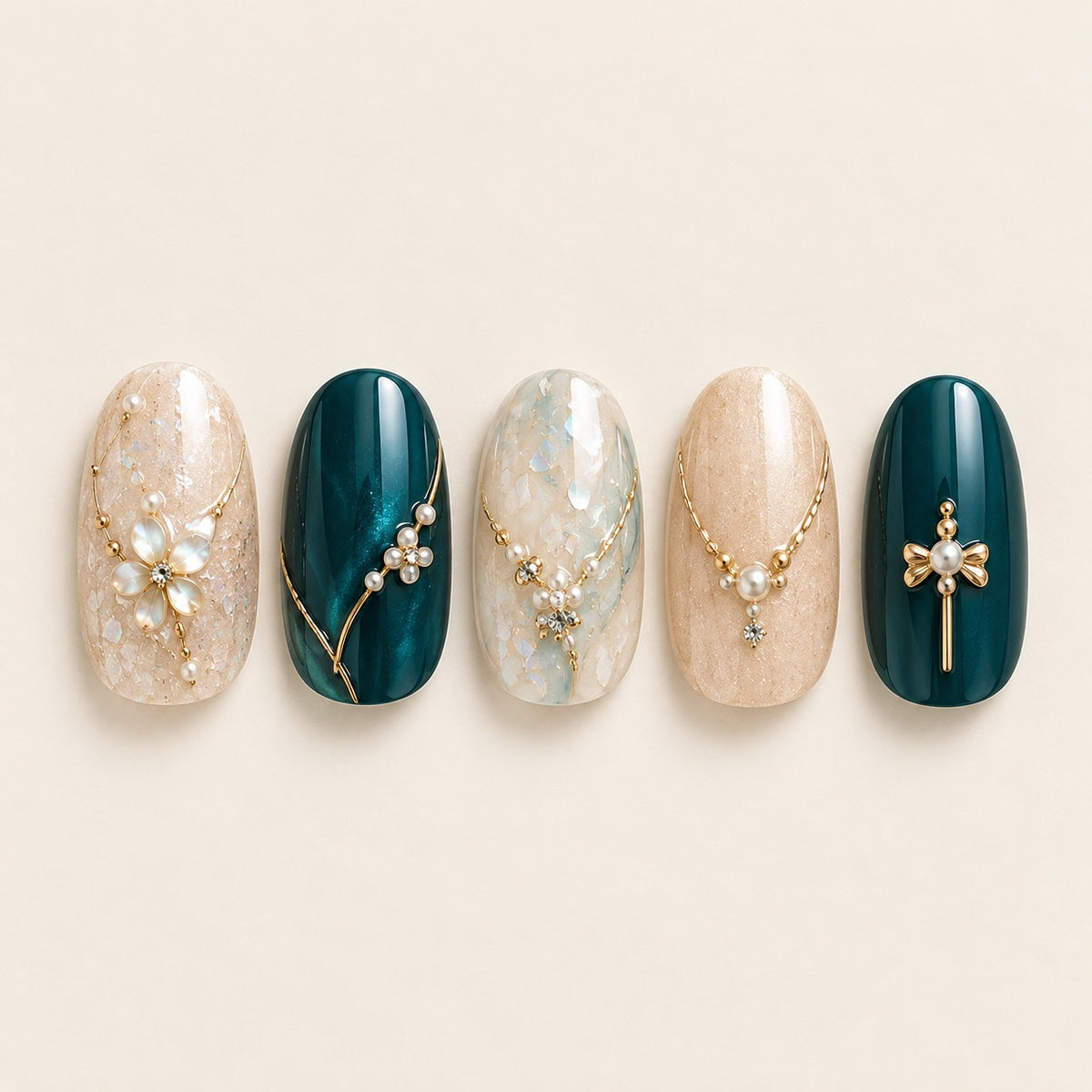 Teal & Gold 03 press-on nails