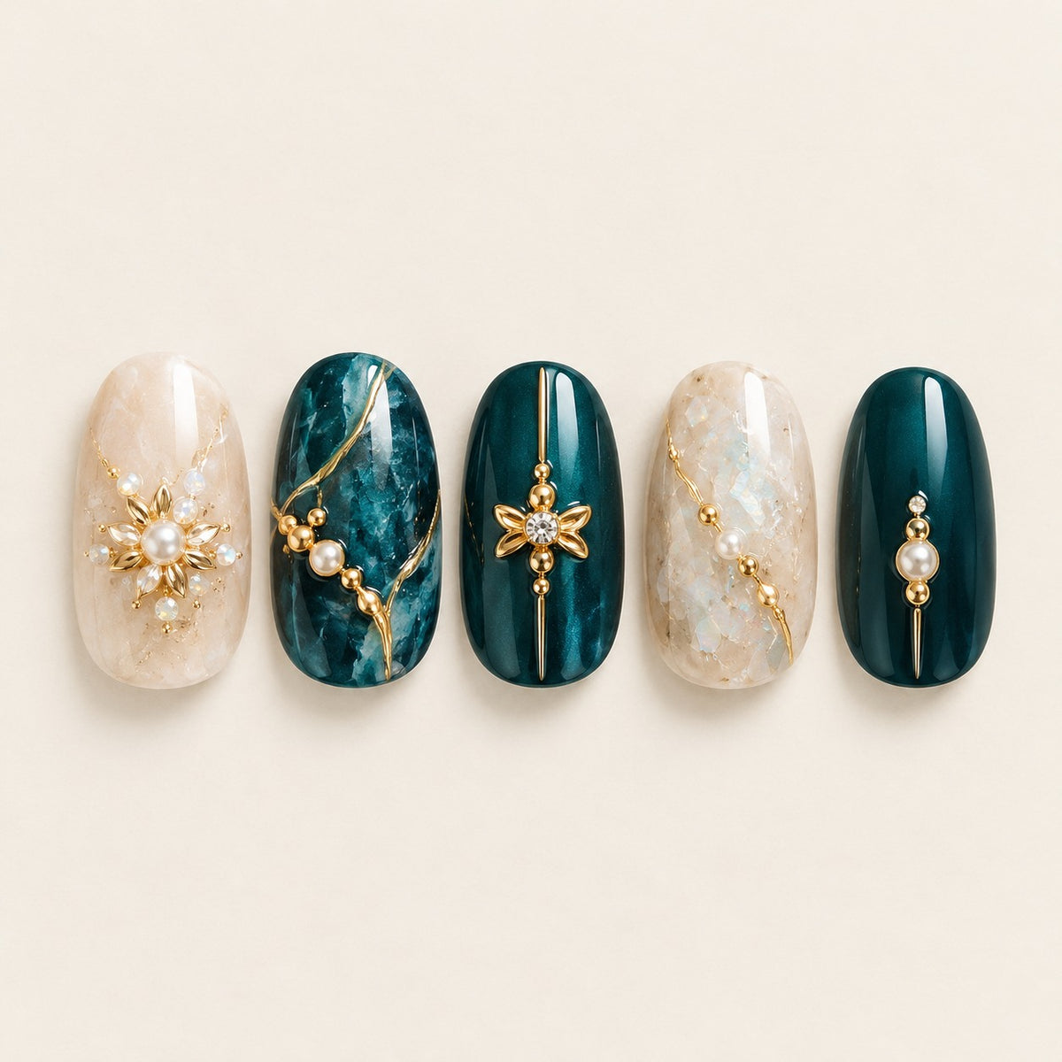 Teal & Gold 04 press-on nails