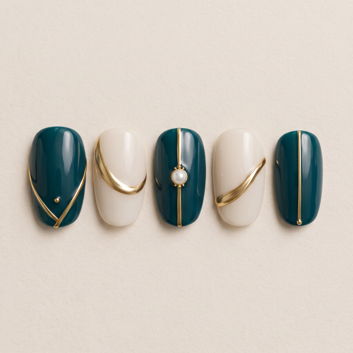Teal & Gold 06 press-on nails