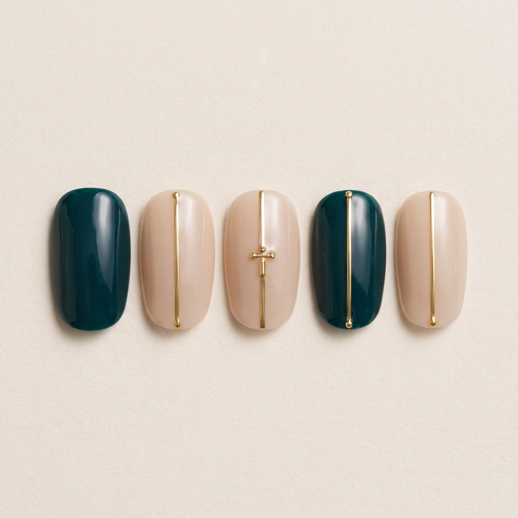 Teal & Gold 07 press-on nails