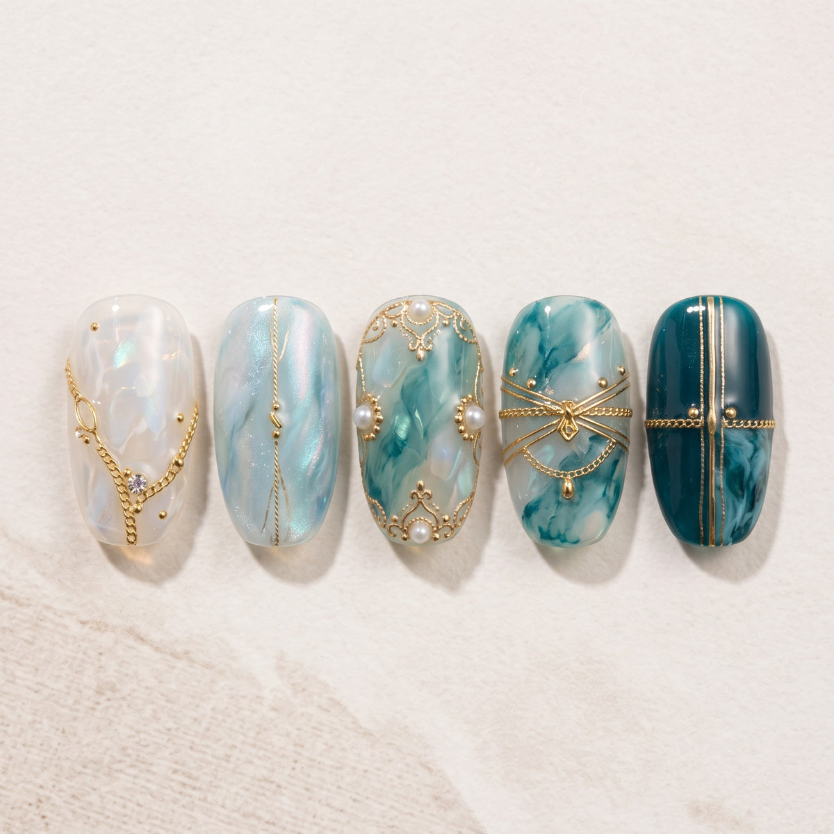 Teal & Gold 09 press-on nails