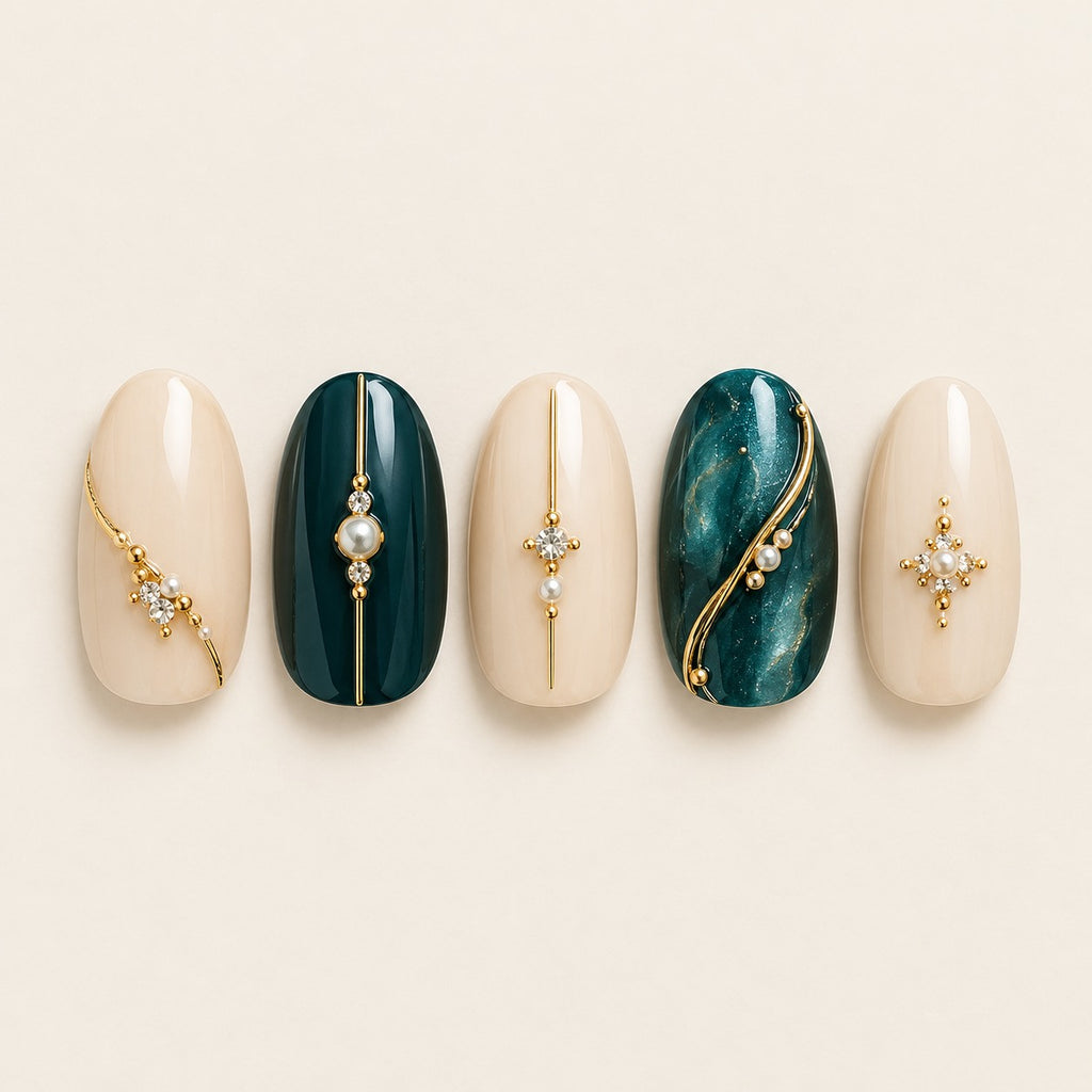Teal & Gold 10 press-on nails